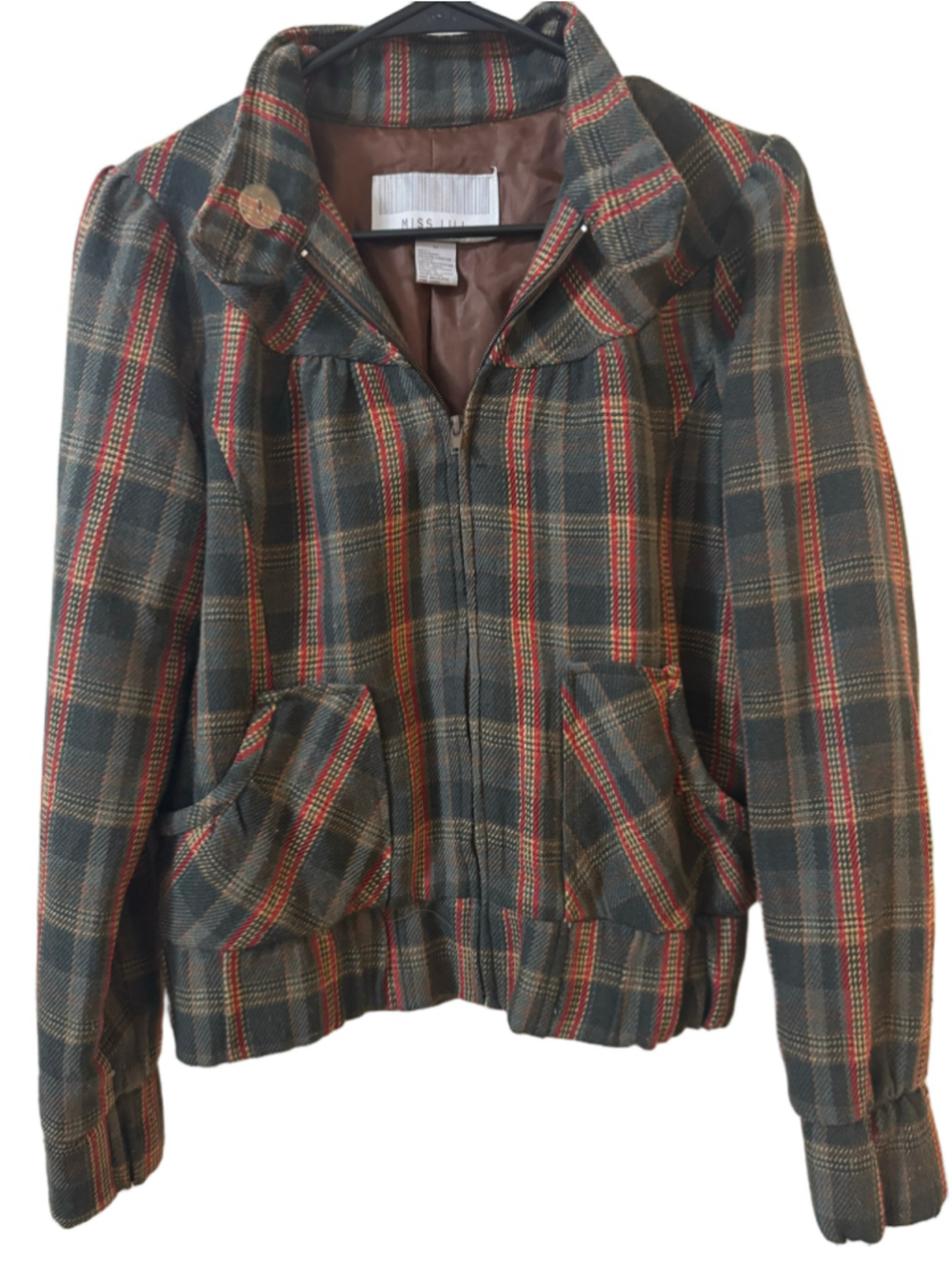 Miss Lili Women’s M Plaid Wool Blend Bomber Jacket Y2K Cropped Zip Up